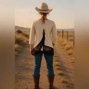 Cruel Denim Cream Asymmetrical Tunic with Brown Fringe NWT